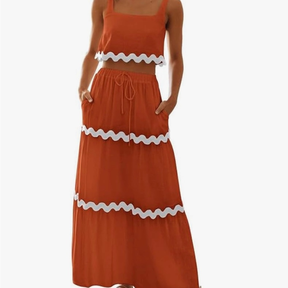 BTFBM Burnt Orange Maxi Skirt and Top with White Trim